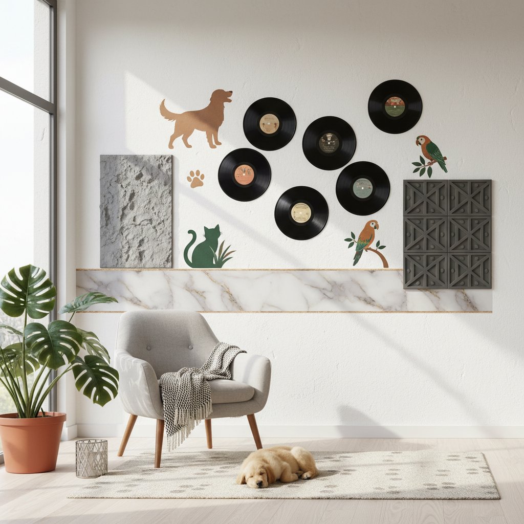 pared decoracion con discos de vinilo en n/d — alimento natural para mascotas en Colombia