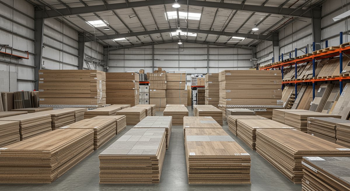 Warehouse showing large stacks of various flooring types.