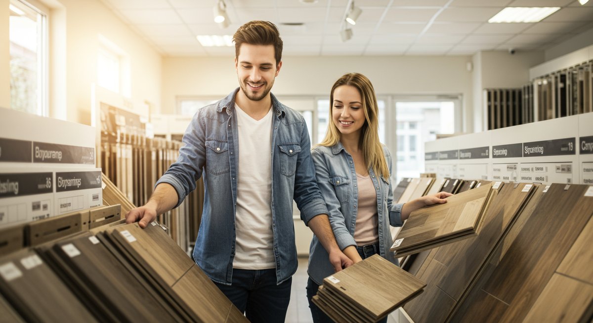 Happy couple selecting flooring samples in a showroom.