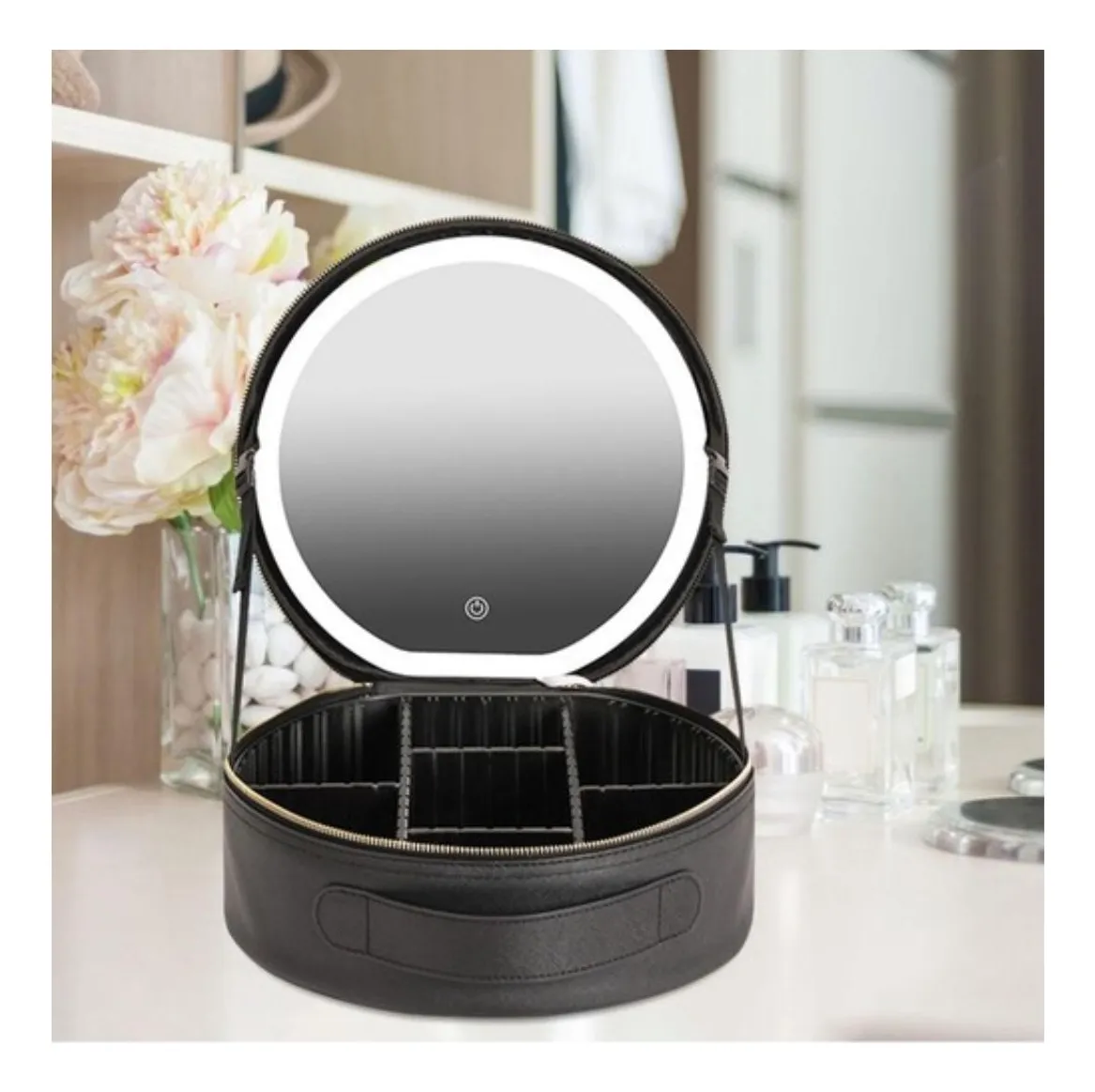 Cosmetiquera Redonda Con Espejo Luz Led - Imagen 3