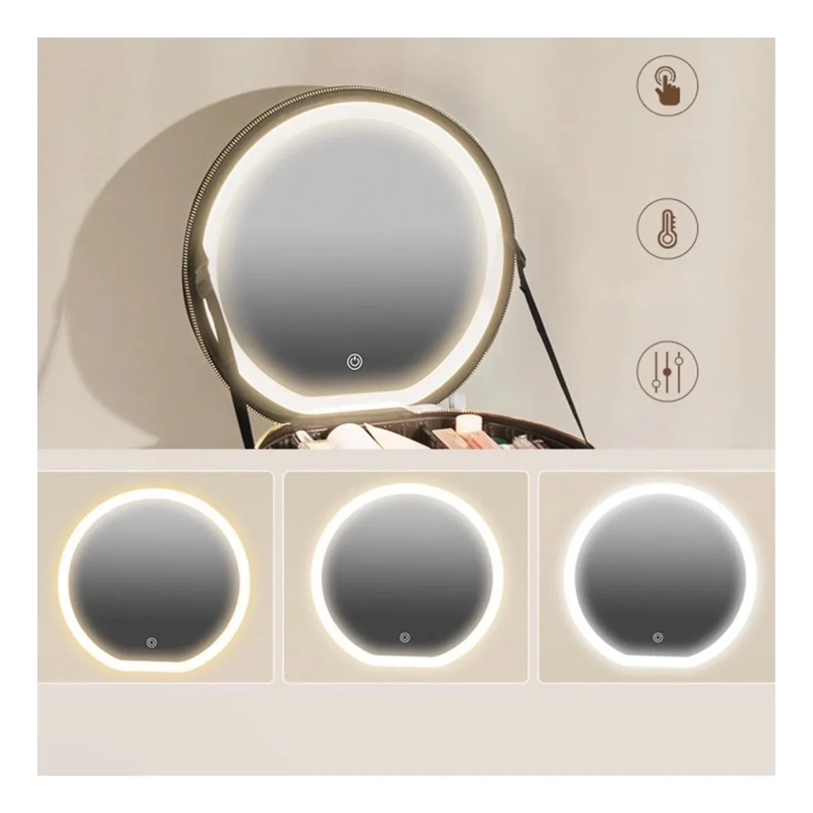 Cosmetiquera Redonda Con Espejo Luz Led - Imagen 2