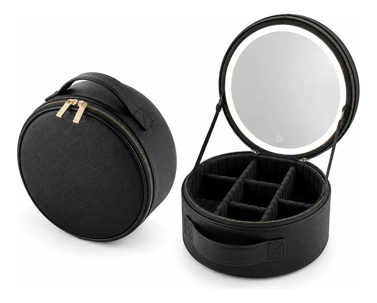 Cosmetiquera Redonda Con Espejo Luz Led - Imagen 1
