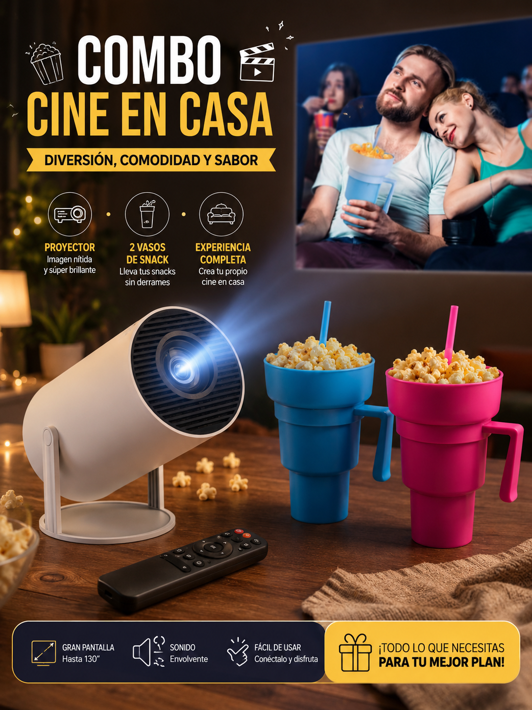 COMBO CINE EN CASA PROYECTOR X2 VASOS - Imagen 1