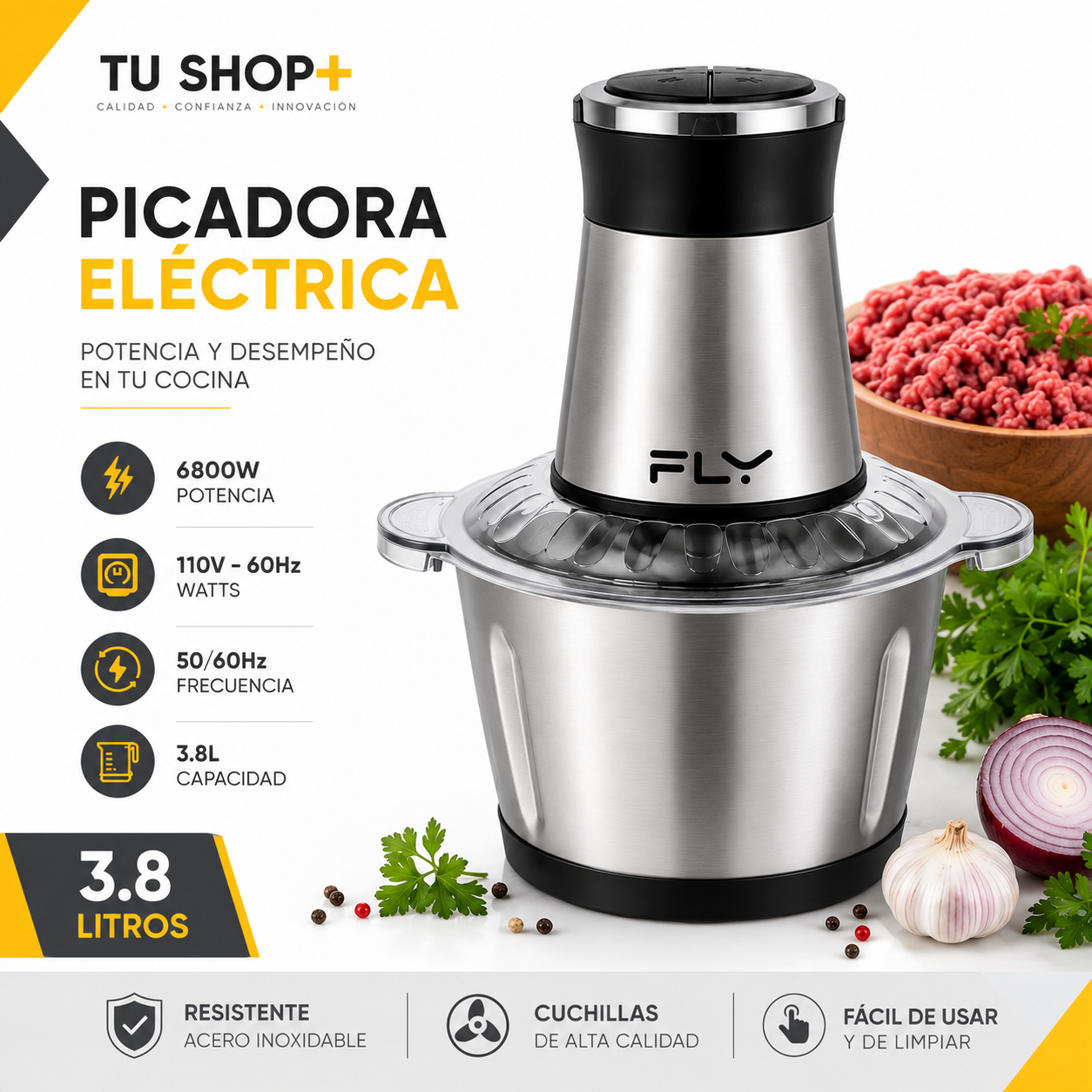 Picadora Eléctrica FLY 3.8L Acero Inoxid - Imagen 2