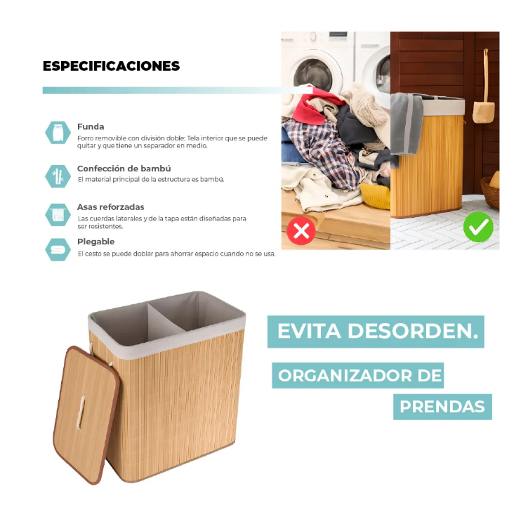 Cesta Doble De Ropa Con Forro Bambu - Imagen 1