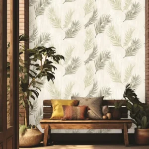 Papel de Colgadura Hojas de Palma Verde sobre Marfil