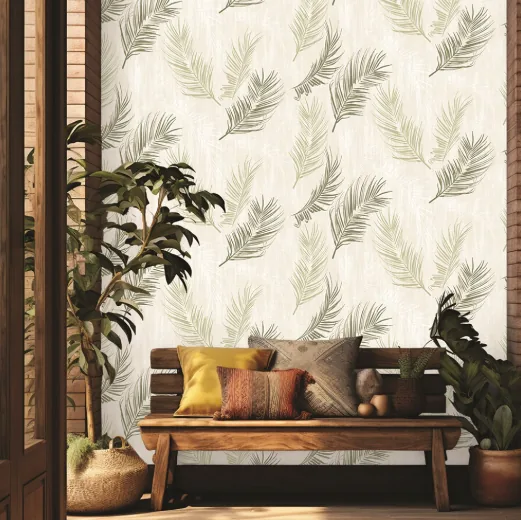 Papel de Colgadura Hojas de Palma Verde sobre Marfil - Imagen 1